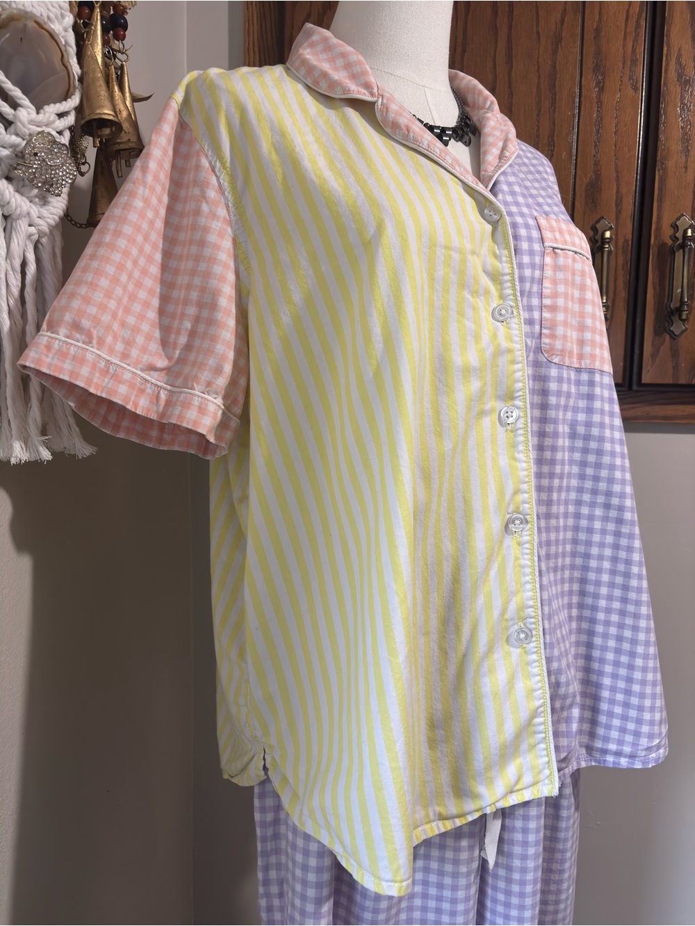 Vintage Lands' End Gingham Stripe Pajama Set Large Yellow Pink Cozy 100% Cotton - Picture 4 of 14